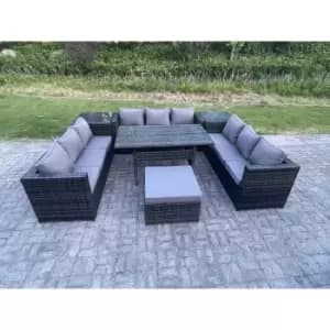 Fimous 9 Seater Outdoor Dark Grey Rattan Lounge Complete Sofa Set with Regular Dining Table, 2 Side Tables and Big Footstool