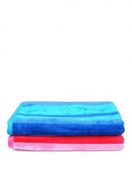 Downland Pair Of Striped Super Soft Beach Towels ; Pink And Blue