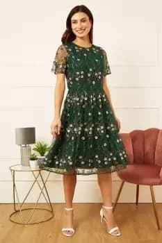 Green Embroidered Floral Skater Dress