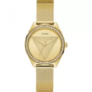 GUESS Ladies gold watch with gold glitz logo dial.