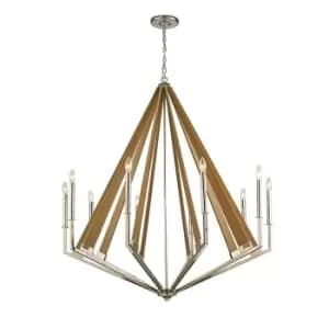 Hilton Decagonal Caged Ceiling Pendant 10 Light E14 Polished Nickel, Taupe Wood (Item Requires Assembly)