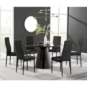 Furniturebox Palma Black Semi Gloss 120cm Round Minimalist Dining Table & 6 Black Corona Faux Leather Dining Chairs with Black Legs Diamond Stitch