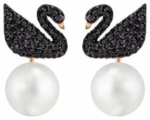 Swarovski Iconic Swan Pierced Pearl Earrings Black Jewellery