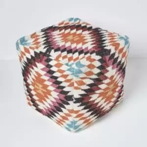 Homescapes - Manila Orange and Pink Kilim Footstool Handwoven Beanbag Pouffe 43 x 43cm - Pink & Orange