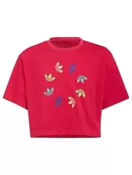 adidas Originals Junior Girls Trefoil Graphic Cropped T-Shirt - Pink/Multi, Pink/Multi, Size 7-8 Years, Women