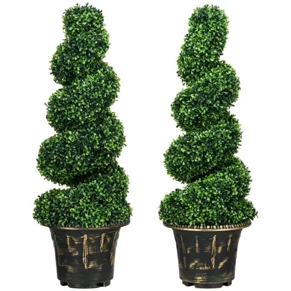 HOMCOM Set of 2 Decorative Artificial Plants Spiral Boxwood Tree for Decor Green