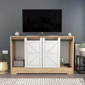 Decorotika - Ahris Barndoor Style tv Unit, tv Stand With Multiple Shelves,Sliding Door tv Cabinet- Sapphire Oak Pattern And White