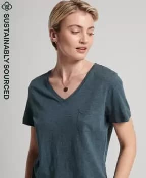 Superdry Womens Organic Cotton Studios Pocket V-Neck T-Shirt Blue / Blue Mirage Marl - Size: 12