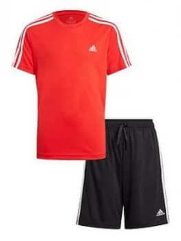 adidas Boys Junior 3-Stripes T-Shirt & Shorts Set - Red/Black, Red/Black, Size 11-12 Years