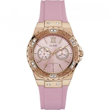 GUESS Ladies rose gold watch with pink dial.