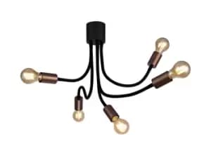 Flexible Semi Flush Ceiling 5 Light E27, Satin Black, Brushed Copper