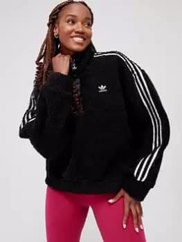 adidas Originals Half Zip Fleece Shearling Sweatshirt - Black/White, Size 8, Women