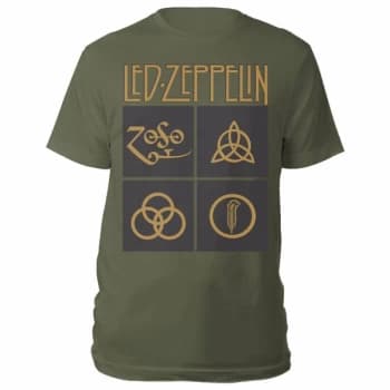 Led Zeppelin - Gold Symbols in Black Square Unisex Large T-Shirt - Green