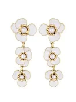 Mood Gold White Enamel Pearl Flower Statement Linear Drop Earrings