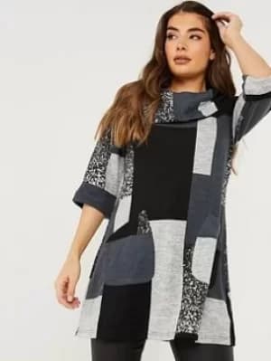 Quiz Patchwork Tunic Top, Bright Grey, Size 8, Women