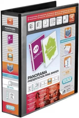 Original Elba Panorama A4 Presentation Ring Binder PVC 4 D Ring 65mm Capacity Black Pack of 4