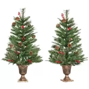 Set of 2 Artificial 3ft Christmas Trees in Pots with Berries and Pine Cones, Green