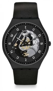 Swatch White SIDE Black Leather Strap Black Skeleton Watch