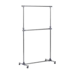 HOMCOM Garment Rail, Adjustable Portable Clothes Hanging Stand, Rack Wheels - Silver