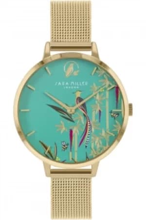 Sara Miller Bamboo Garden Ladies Pale Gold Stainless Steel Mesh Strap Avery Forest Bird Green Dial Watch SA4074
