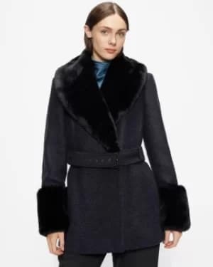 Belted Coat With Faux Fur Collar And Cuffs