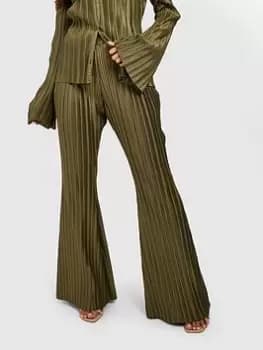 Boohoo Plisse Flared Trouser - Green, Size 12, Women