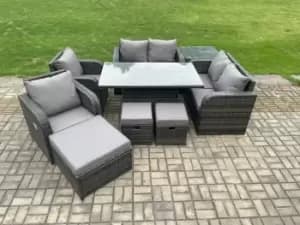 Fimous 7 Seater Outdoor Dark Grey Rattan Lounge Complete Sofa Set with Rising Lifting Dining Table, 2 Stools and Big Footstool