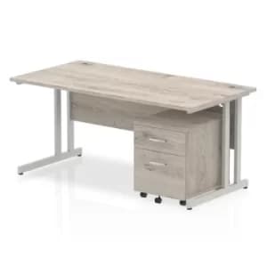 Impulse 1600 Straight Cantilever Silver Workstation With Two Drawer Mobile Pedestal Bundle Grey Oak