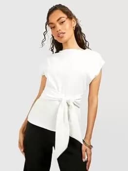Boohoo Crepe Tie Waist Slash Neck Blouse - Ivory, Cream, Size 10, Women