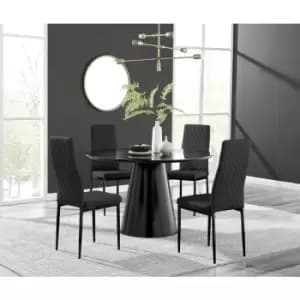 Furniturebox Palma Black Semi Gloss 120cm Round Minimalist Dining Table & 4 Black Milan Black Leg Chairs