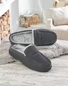 Cotton Traders Mens Suede Fur-Lined Mule Moccasin Slippers in Grey