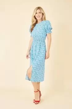 Blue Floral Print Shirred Waist Midi Dress