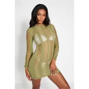 I Saw It First Khaki Green Frayed Knit Long Sleeve Mini Dress - Green