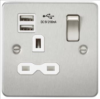 KnightsBridge Flat plate 13A 1G switched socket with dual USB charger (2.1A) - brushed chrome with white insert