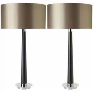2 pack Walnut Table Lamp Light Chrome Mink Silk Shade Round Base Desk Sideboard