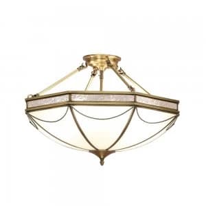 8 Light Semi Flush Ceiling Light Antique Brass, Frosted Glass, E27