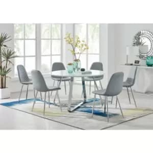 Santorini White Round Dining Table And 6 Grey Corona Faux Leather Dining Chairs with Silver Legs Diamond Stitch - Elephant Grey
