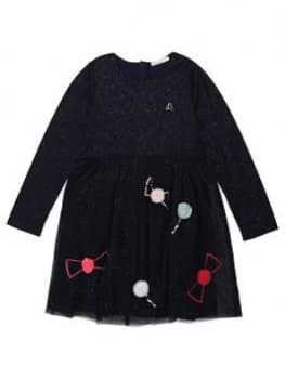 Billieblush Girls Glitter Mesh Pom Pom Dress - Navy