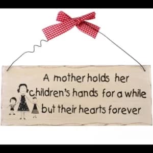 A Mother Holds Hanging Sign