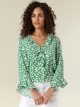 Wallis Floral Print Ruffle Blouse - Green, Size 16, Women