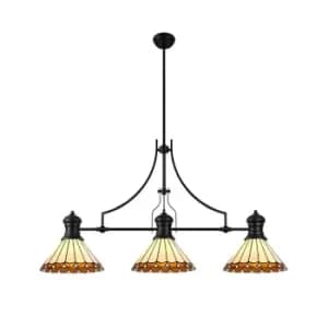 Worcester, 3 Light Linear Ceiling Pendant E27 With 30cm Tiffany Shade, Matt Black, Amber, Cream, Crystal