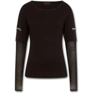 Metall Streetwear Mesh Sleeve Zip Shoulder Womens Small Long Sleeve Top - Black