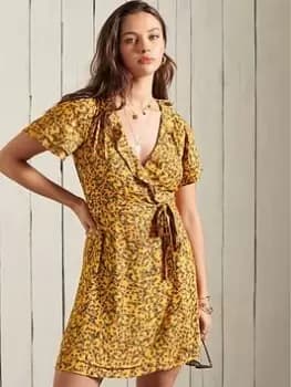 Superdry Summer Wrap Dress - Autumn Ditsy Gold, Size 14, Women