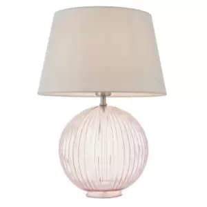 Table Lamp Dusky Pink Ribbed Glass & Pale Grey Cotton 40W E27 Bedside Light