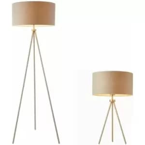 Loops - Standing Floor & Table Lamp Set Matt Nickel & Grey Shade Sleek Tripod Leg Light