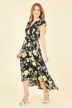 Black Floral Print Dipped Hem Midi Wrap Dress