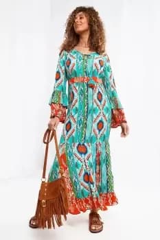 Patterned Long Sleeve Button Through Tie Waist Maxi Dress