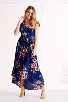 Blue Floral Wrap Over Dipped Hem Midi Dress