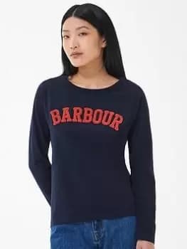Barbour Bracken Long Sleeve Boucle Logo Jersey Top - Navy, Size 12, Women