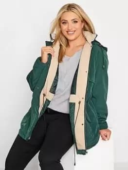 Yours Curve Hooded Lined Pocket Parka - Green , Navy, Size 18-20, Women